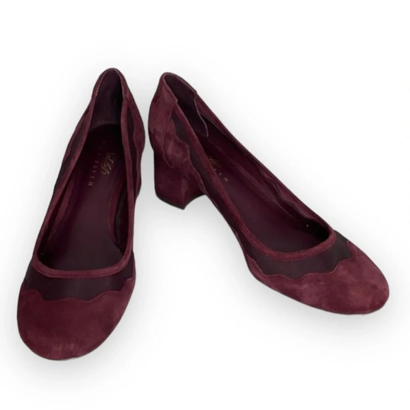 LORD & TAYLOR Block Heel Pumps Burgundy Suede Scalloped Mesh Round Toe Size 6.5 - Picture 2 of 12